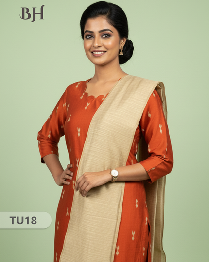 Raw Silk 3-Piece Kurti Set with Cut Work Neck Design in Brick Colour | Full-Length Lined Kurti with Gold Dupatta