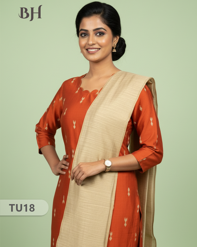 Raw Silk 3-Piece Kurti Set with Cut Work Neck Design in Brick Colour | Full-Length Lined Kurti with Gold Dupatta