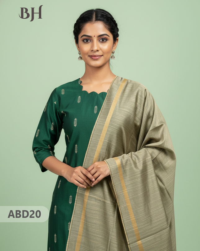 Raw Silk 3-Piece Kurti Set with Cut Work Neck Design in Dark Green Colour | Full-Length Lined Kurti with Gold Dupatta