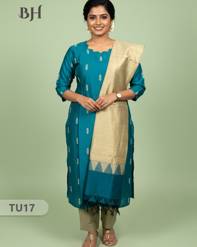 Raw Silk 3-Piece Kurti Set with Cut Work Neck Design in Sea Blue Colour | Full-Length Lined Kurti with Gold Dupatta