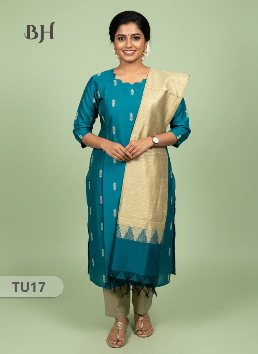 Raw Silk 3-Piece Kurti Set with Cut Work Neck Design in Sea Blue Colour | Full-Length Lined Kurti with Gold Dupatta