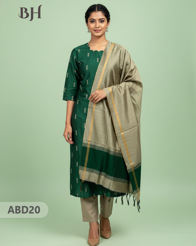 Raw Silk 3-Piece Kurti Set with Cut Work Neck Design in Dark Green Colour | Full-Length Lined Kurti with Gold Dupatta