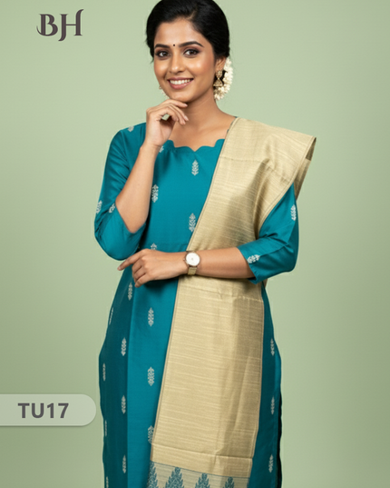 Raw Silk 3-Piece Kurti Set with Cut Work Neck Design in Sea Blue Colour | Full-Length Lined Kurti with Gold Dupatta