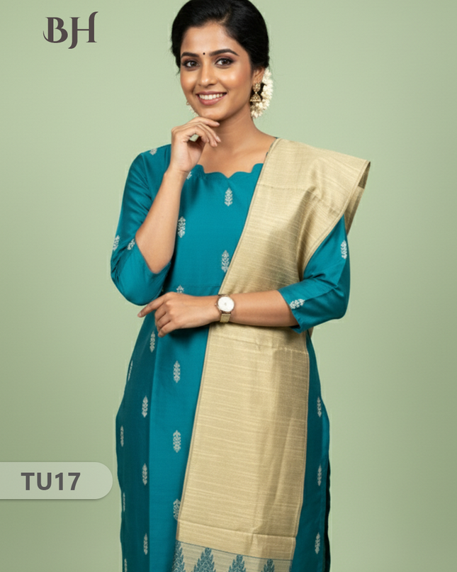Raw Silk 3-Piece Kurti Set with Cut Work Neck Design in Sea Blue Colour | Full-Length Lined Kurti with Gold Dupatta