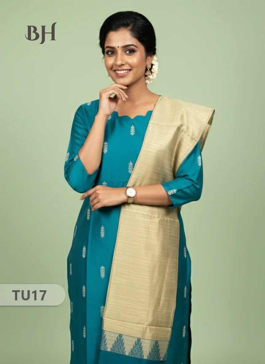 Raw Silk 3-Piece Kurti Set with Cut Work Neck Design in Sea Blue Colour | Full-Length Lined Kurti with Gold Dupatta