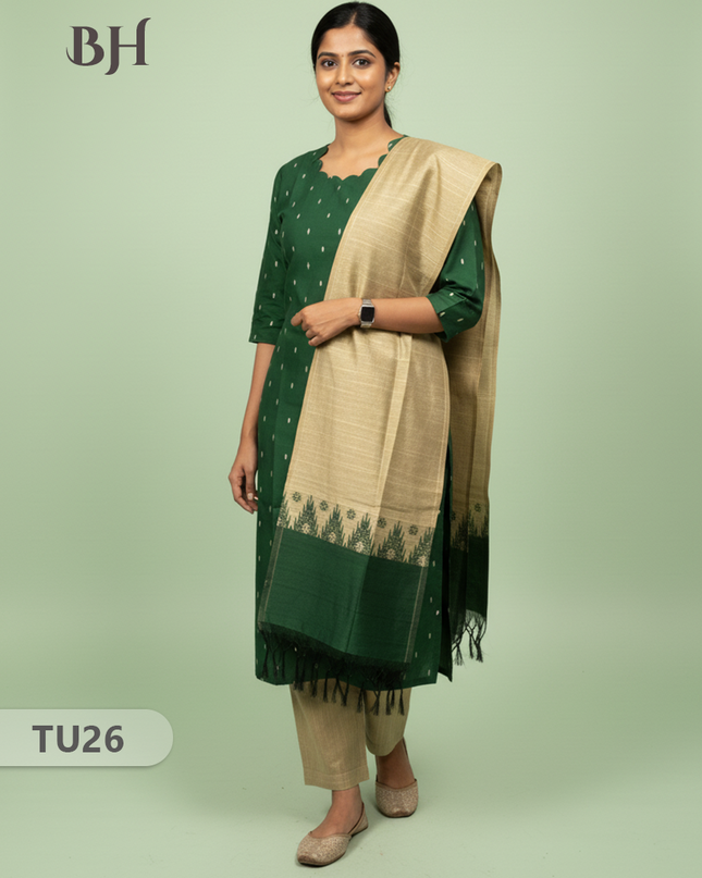 Raw Silk 3-Piece Kurti Set with Cut Work Neck Design in Green Colour | Full-Length Lined Kurti with Gold Dupatta