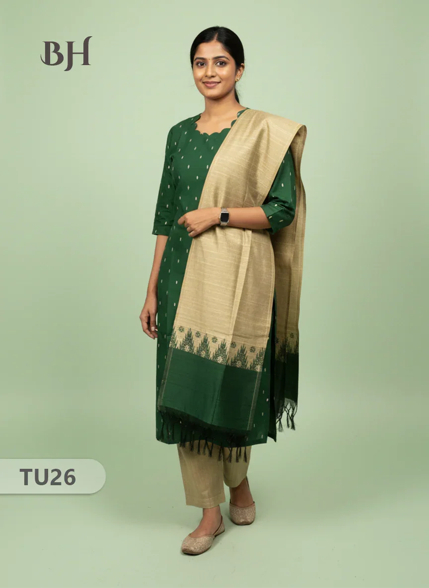 Raw Silk 3-Piece Kurti Set with Cut Work Neck Design in Green Colour | Full-Length Lined Kurti with Gold Dupatta