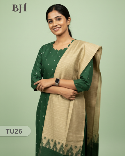 Raw Silk 3-Piece Kurti Set with Cut Work Neck Design in Green Colour | Full-Length Lined Kurti with Gold Dupatta
