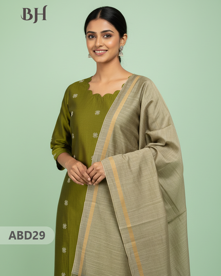 Raw Silk 3-Piece Kurti Set with Cut Work Neck Design in Light Green Colour | Full-Length Lined Kurti with Gold Dupatta