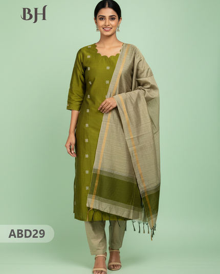 Raw Silk 3-Piece Kurti Set with Cut Work Neck Design in Light Green Colour | Full-Length Lined Kurti with Gold Dupatta