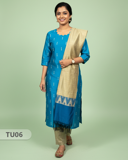 Raw Silk 3-Piece Kurti Set with Cut Work Neck Design in Sky Blue Colour | Full-Length Lined Kurti with Gold Dupatta