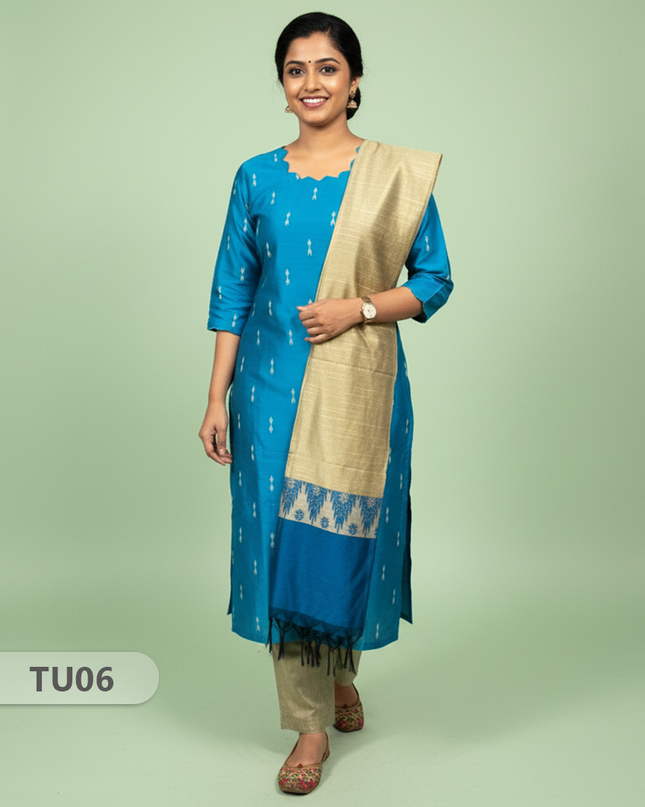 Raw Silk 3-Piece Kurti Set with Cut Work Neck Design in Sky Blue Colour | Full-Length Lined Kurti with Gold Dupatta
