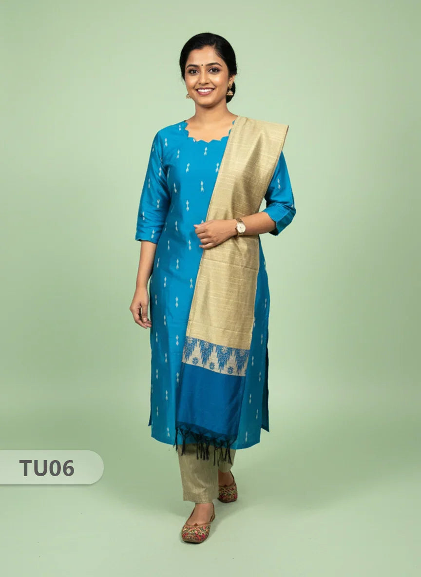 Raw Silk 3-Piece Kurti Set with Cut Work Neck Design in Sky Blue Colour | Full-Length Lined Kurti with Gold Dupatta