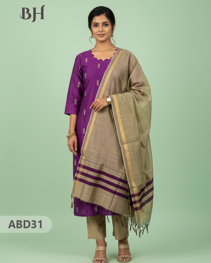 Raw Silk 3-Piece Kurti Set with Cut Work Neck Design in Grape Purple Colour | Full-Length Lined Kurti with Gold Dupatta