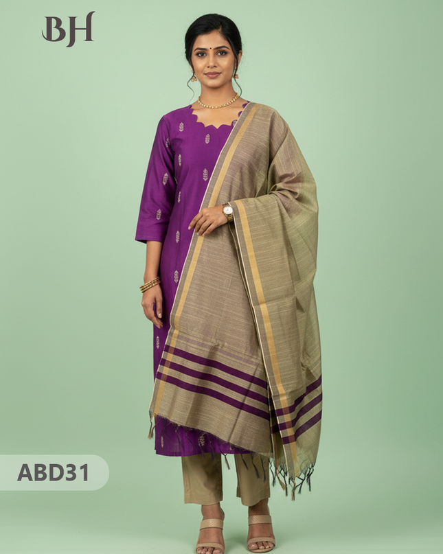 Raw Silk 3-Piece Kurti Set with Cut Work Neck Design in Grape Purple Colour | Full-Length Lined Kurti with Gold Dupatta