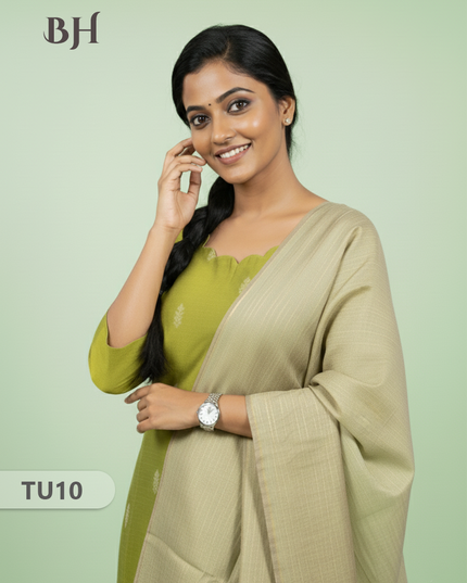 Raw Silk 3-Piece Kurti Set with Cut Work Neck Design in Green Colour | Full-Length Lined Kurti with Gold Dupatta