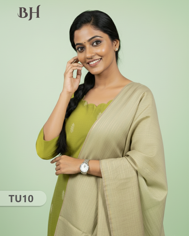 Raw Silk 3-Piece Kurti Set with Cut Work Neck Design in Green Colour | Full-Length Lined Kurti with Gold Dupatta