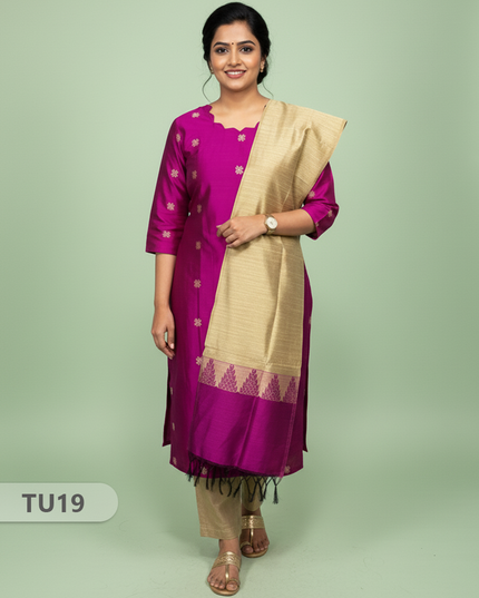 Raw Silk 3-Piece Kurti Set with Cut Work Neck Design in Purple Colour | Full-Length Lined Kurti with Gold Dupatta