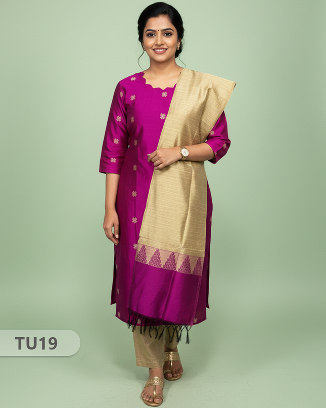 Raw Silk 3-Piece Kurti Set with Cut Work Neck Design in Purple Colour | Full-Length Lined Kurti with Gold Dupatta
