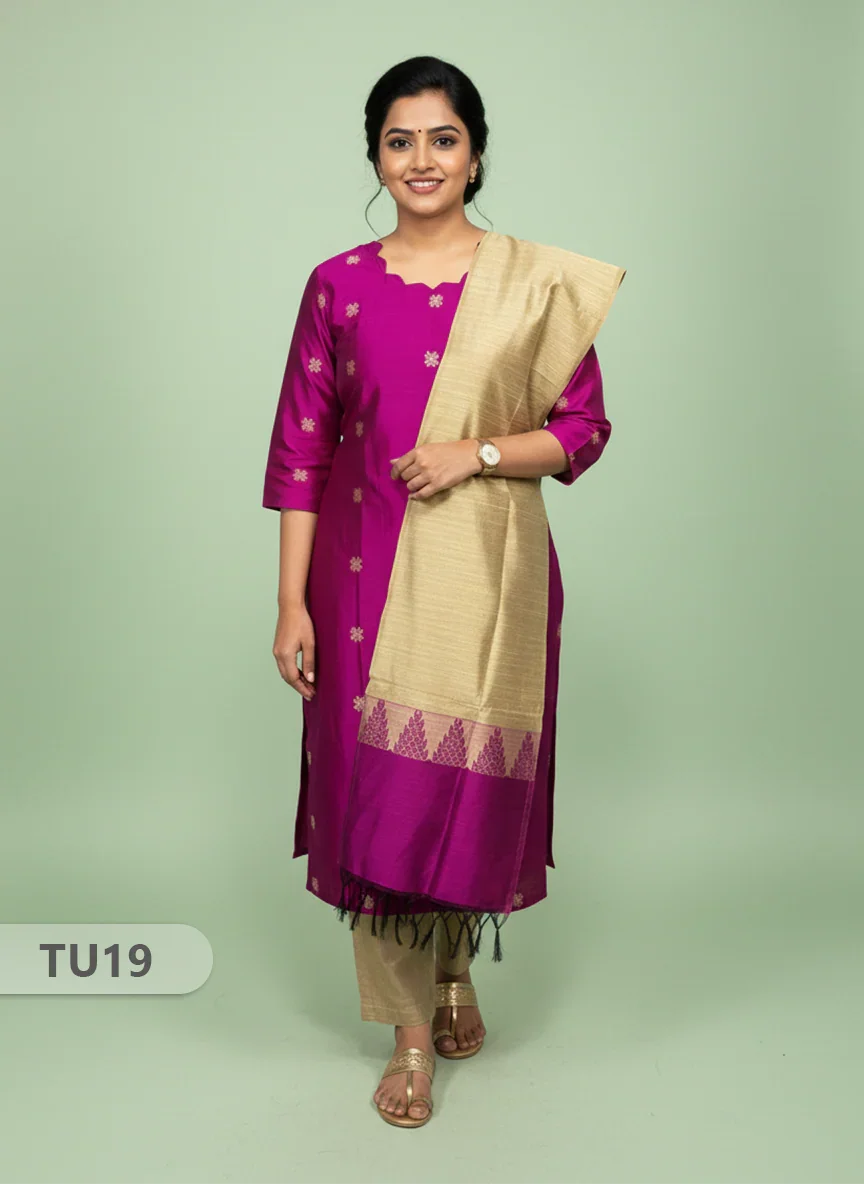 Raw Silk 3-Piece Kurti Set with Cut Work Neck Design in Purple Colour | Full-Length Lined Kurti with Gold Dupatta