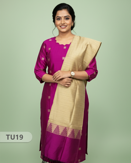 Raw Silk 3-Piece Kurti Set with Cut Work Neck Design in Purple Colour | Full-Length Lined Kurti with Gold Dupatta