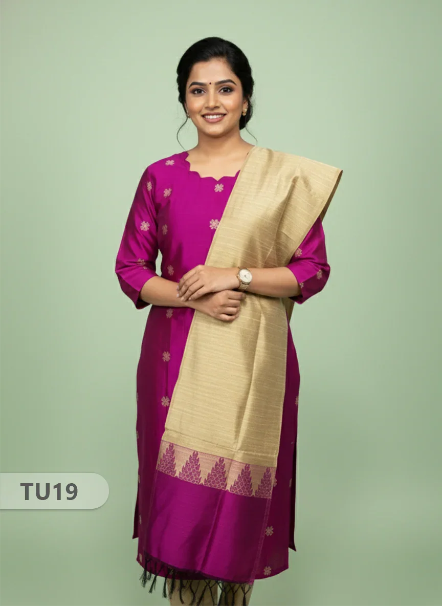 Raw Silk 3-Piece Kurti Set with Cut Work Neck Design in Purple Colour | Full-Length Lined Kurti with Gold Dupatta