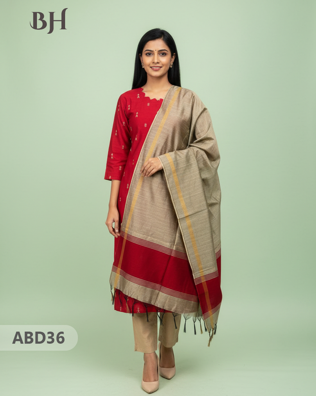 Raw Silk 3-Piece Kurti Set with Cut Work Neck Design in Red Colour | Full-Length Lined Kurti with Gold Dupatta