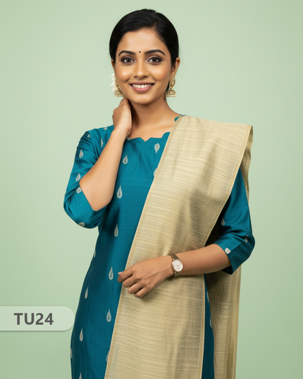 Raw Silk 3-Piece Kurti Set with Cut Work Neck Design in Sea Blue Colour | Full-Length Lined Kurti with Gold Dupatta