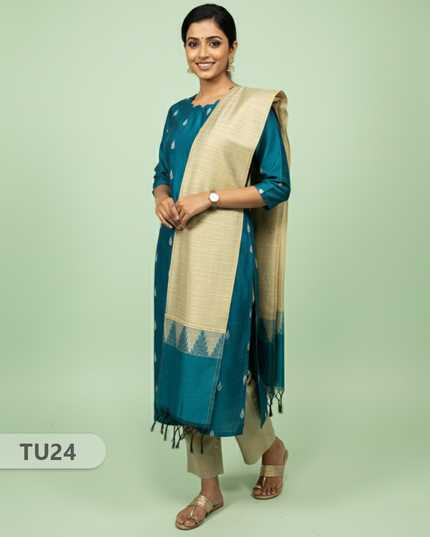 Raw Silk 3-Piece Kurti Set with Cut Work Neck Design in Sea Blue Colour | Full-Length Lined Kurti with Gold Dupatta