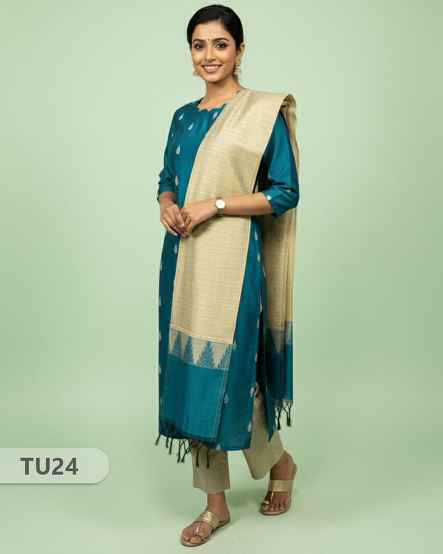 Raw Silk 3-Piece Kurti Set with Cut Work Neck Design in Sea Blue Colour | Full-Length Lined Kurti with Gold Dupatta