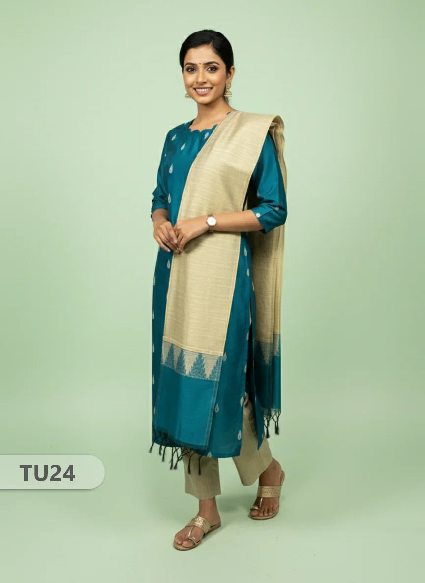 Raw Silk 3-Piece Kurti Set with Cut Work Neck Design in Sea Blue Colour | Full-Length Lined Kurti with Gold Dupatta