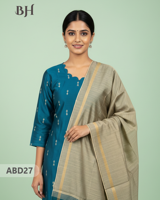 Raw Silk 3-Piece Kurti Set with Cut Work Neck Design in Sea Blue Colour | Full-Length Lined Kurti with Gold Dupatta