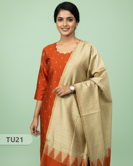 Raw Silk 3-Piece Kurti Set with Cut Work Neck Design in Brick Colour | Full-Length Lined Kurti with Gold Dupatta