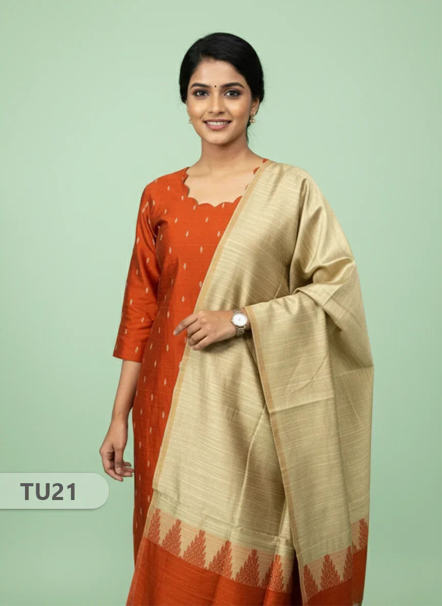 Raw Silk 3-Piece Kurti Set with Cut Work Neck Design in Brick Colour | Full-Length Lined Kurti with Gold Dupatta