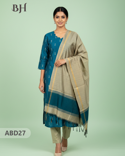 Raw Silk 3-Piece Kurti Set with Cut Work Neck Design in Sea Blue Colour | Full-Length Lined Kurti with Gold Dupatta