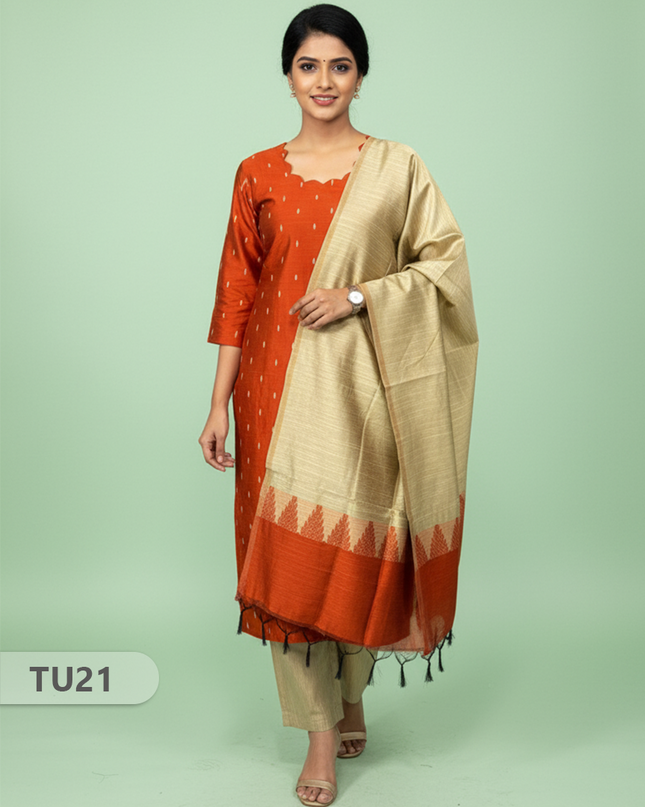 Raw Silk 3-Piece Kurti Set with Cut Work Neck Design in Brick Colour | Full-Length Lined Kurti with Gold Dupatta