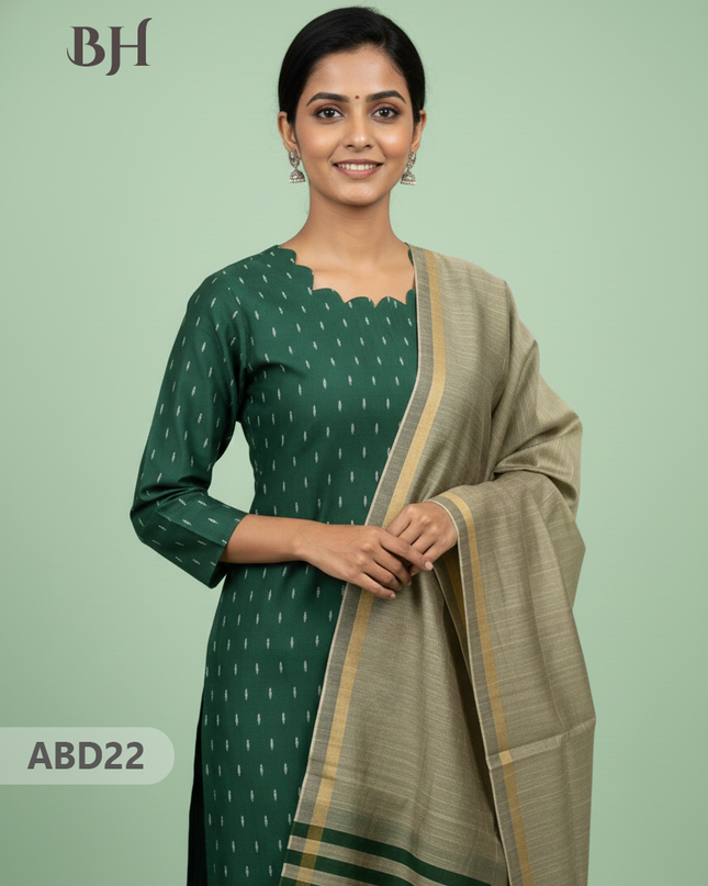 Raw Silk 3-Piece Kurti Set with Cut Work Neck Design in Dark Green Colour | Full-Length Lined Kurti with Gold Dupatta