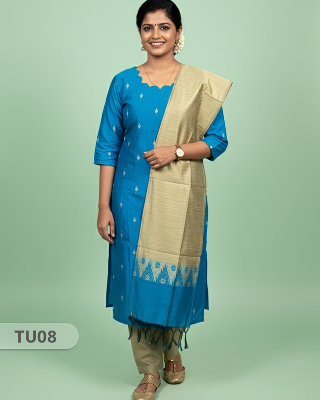Raw Silk 3-Piece Kurti Set with Cut Work Neck Design in Sky Blue Colour | Full-Length Lined Kurti with Gold Dupatta