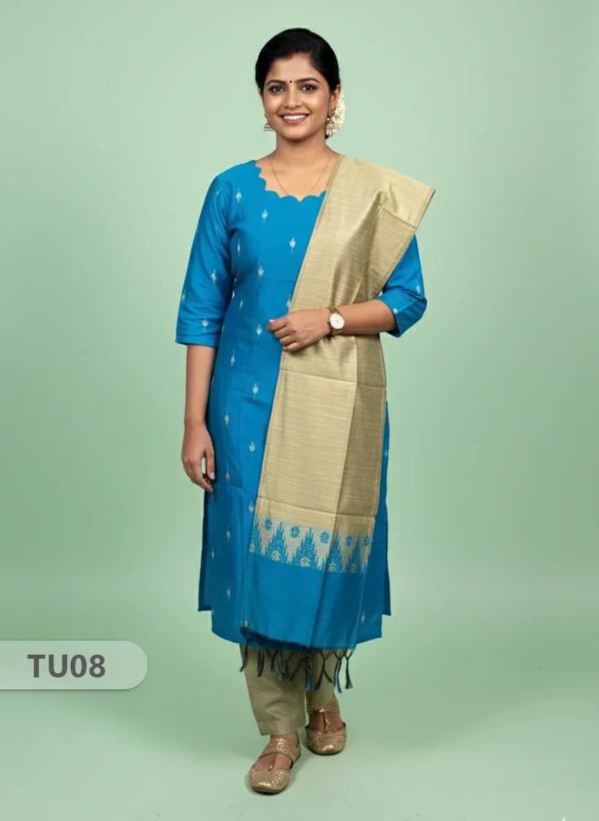 Raw Silk 3-Piece Kurti Set with Cut Work Neck Design in Sky Blue Colour | Full-Length Lined Kurti with Gold Dupatta