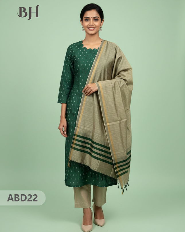 Raw Silk 3-Piece Kurti Set with Cut Work Neck Design in Dark Green Colour | Full-Length Lined Kurti with Gold Dupatta