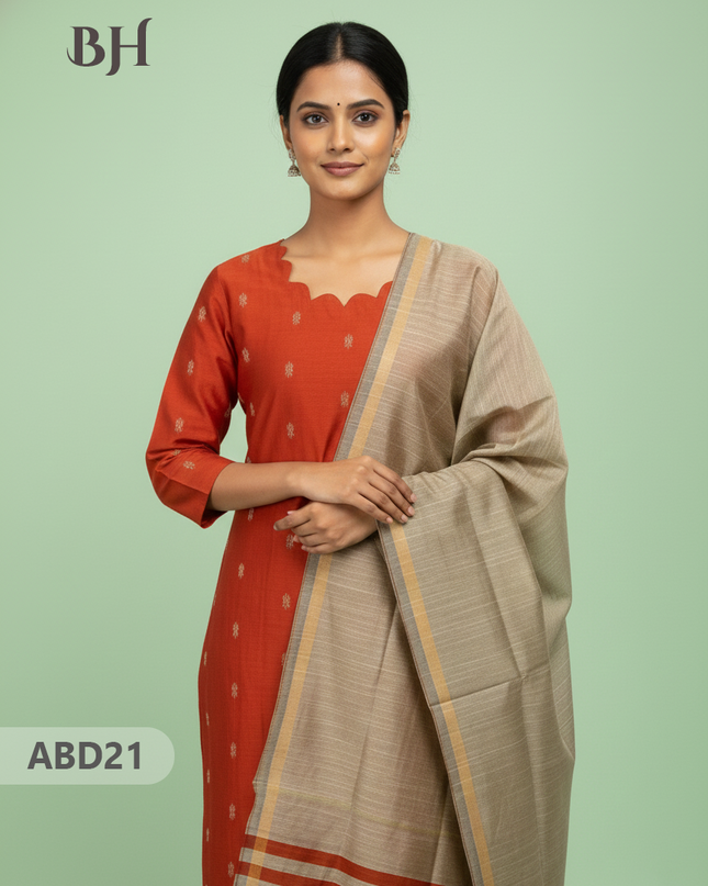 Raw Silk 3-Piece Kurti Set with Cut Work Neck Design in Orange Colour | Full-Length Lined Kurti with Gold Dupatta