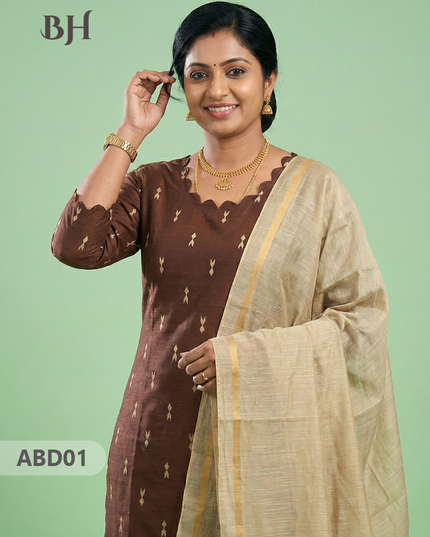 Raw Silk 3-Piece Kurti Set with Cut Work Neck Design in Brown Colour | Full-Length Lined Kurti with Gold Dupatta