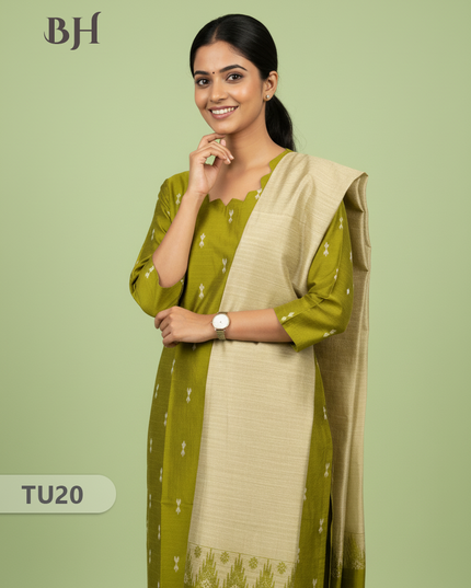 Raw Silk 3-Piece Kurti Set with Cut Work Neck Design in Green Colour | Full-Length Lined Kurti with Gold Dupatta