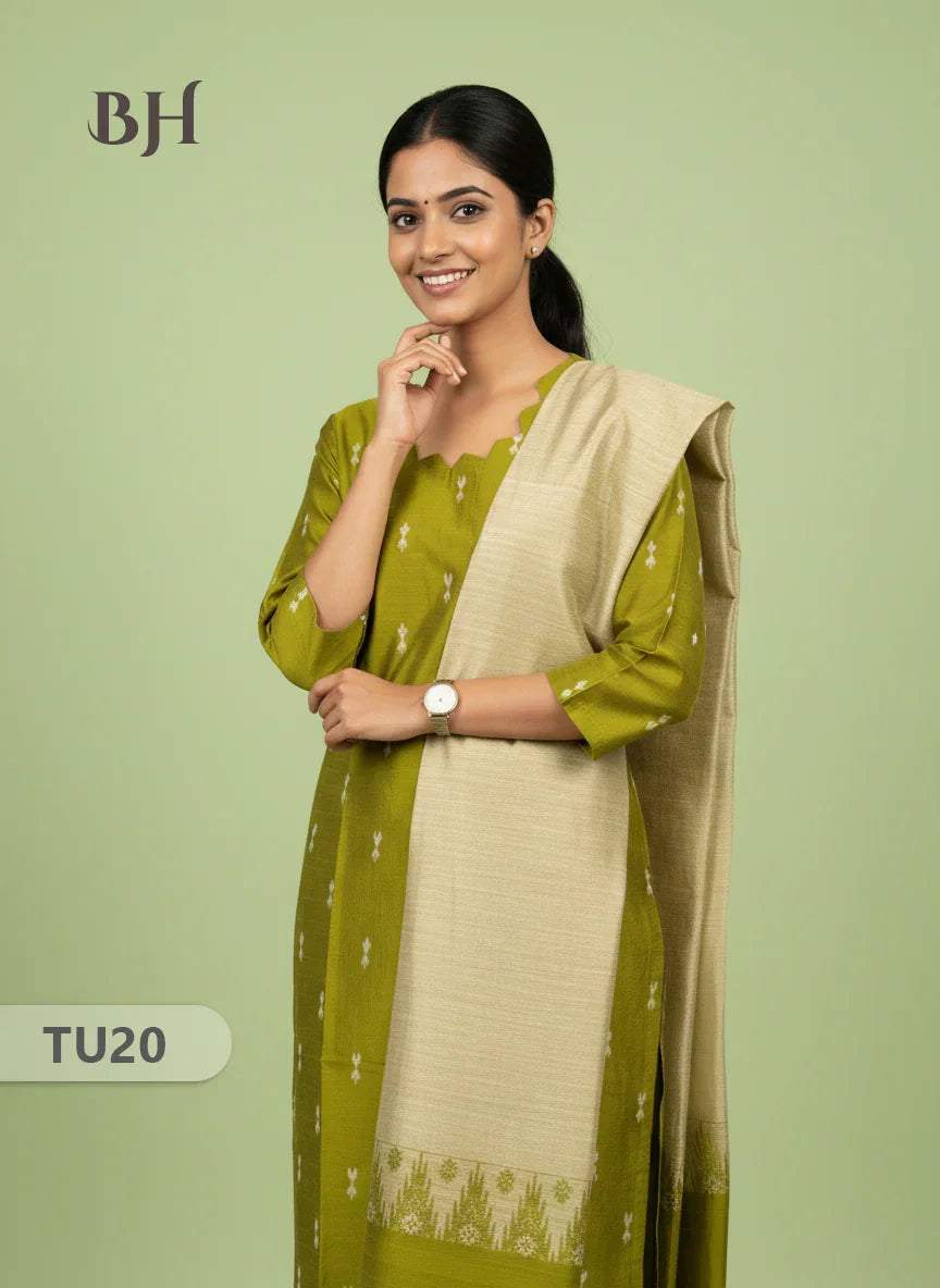 Raw Silk 3-Piece Kurti Set with Cut Work Neck Design in Green Colour | Full-Length Lined Kurti with Gold Dupatta