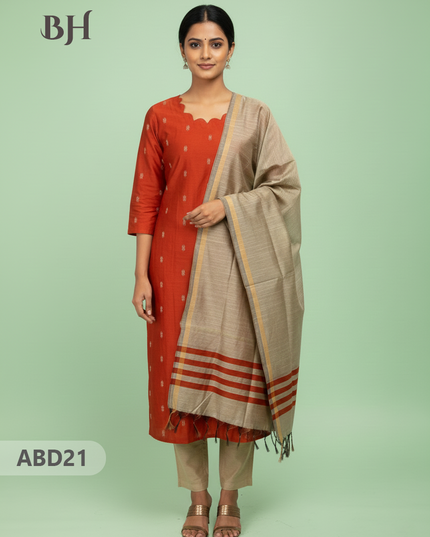 Raw Silk 3-Piece Kurti Set with Cut Work Neck Design in Orange Colour | Full-Length Lined Kurti with Gold Dupatta