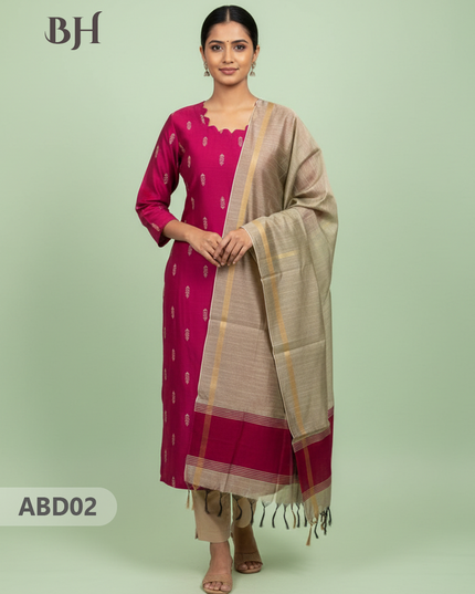 Raw Silk 3-Piece Kurti Set with Cut Work Neck Design in Pink Colour | Full-Length Lined Kurti with Gold Dupatta