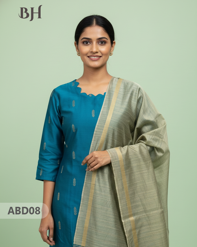 Raw Silk 3-Piece Kurti Set with Cut Work Neck Design in Sky Blue Colour | Full-Length Lined Kurti with Gold Dupatta