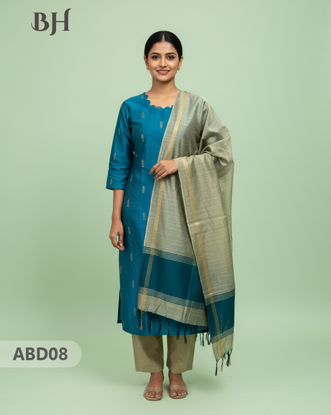 Raw Silk 3-Piece Kurti Set with Cut Work Neck Design in Sky Blue Colour | Full-Length Lined Kurti with Gold Dupatta