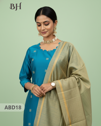 Raw Silk 3-Piece Kurti Set with Cut Work Neck Design in Sky Blue Colour | Full-Length Lined Kurti with Gold Dupatta