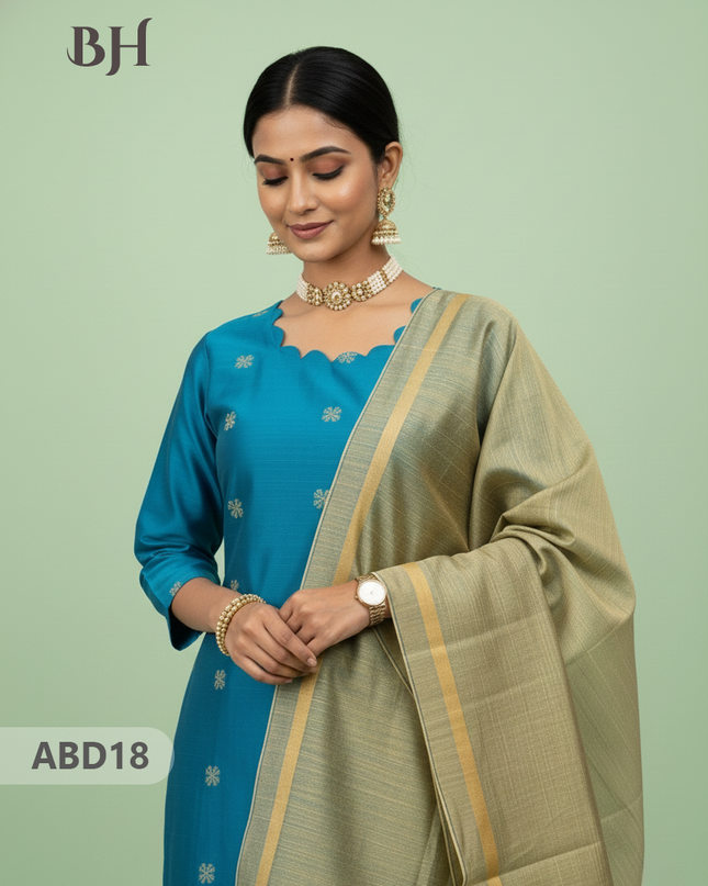 Raw Silk 3-Piece Kurti Set with Cut Work Neck Design in Sky Blue Colour | Full-Length Lined Kurti with Gold Dupatta